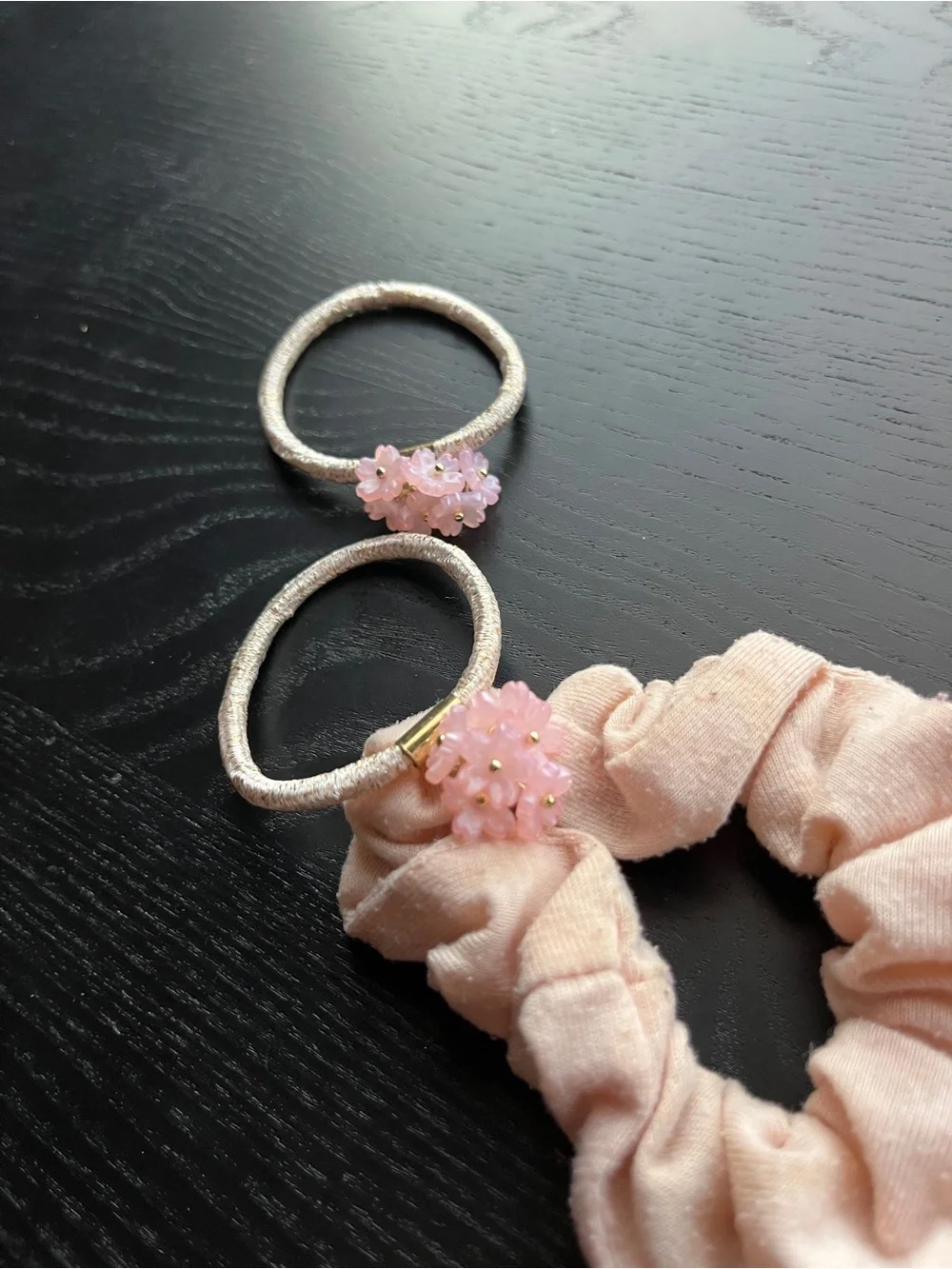 Pink Flower Elastic Hair Ties & Peach Scrunchie Set